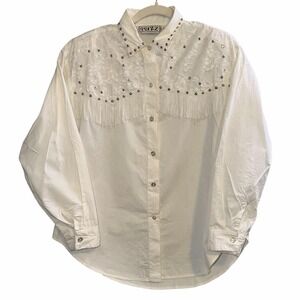Vintage 70/80s White Fringe Studded Lace Button Up.‎ Quizz Size L Western